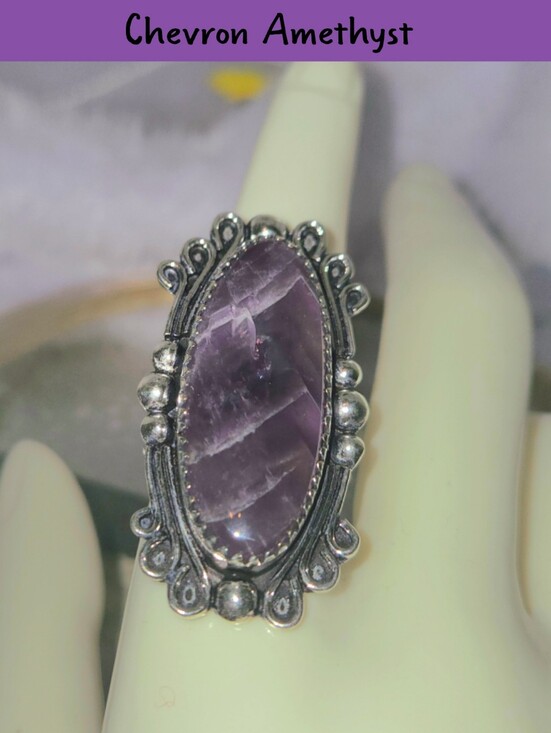 Handmade Jewelry - Natural Chevron Amethyst Gemstone Chunky Handmade Vintage Style Halo Ring